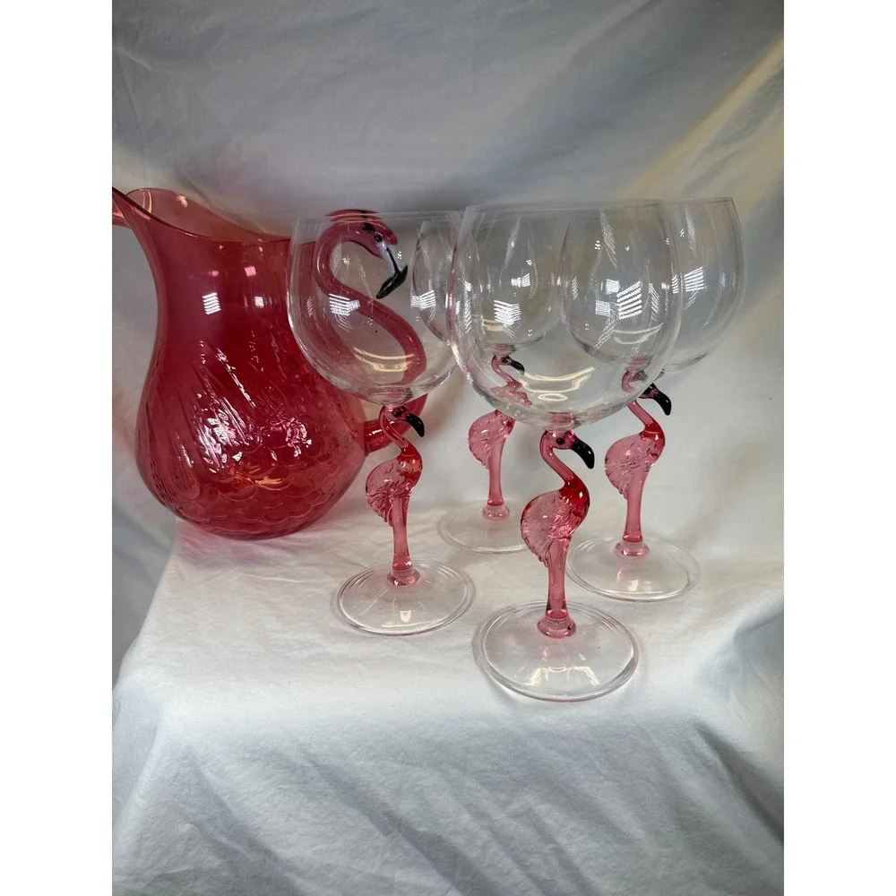 The Spring Shop Pink Flamingo Pitcher and 4 Wine Glasses Acrylic Drinkware Set